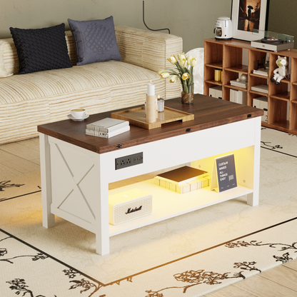Save 50% - 4-in-1 Lift Top Coffee Table with LED Lights & Charging Station, White Center Table with Hidden Storage for Living Room & Office