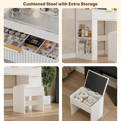 Save 50% - 37" Fluted Makeup Vanity Desk with LED Mirror, 5 Drawers & Glass Top, Vanity Table with Cabinet, Chair and Charging Station, 3 Light Modes for Bedroom