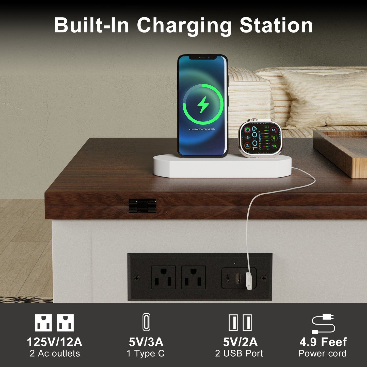 Save 50% - 4-in-1 Lift Top Coffee Table with LED Lights & Charging Station, White Center Table with Hidden Storage for Living Room & Office