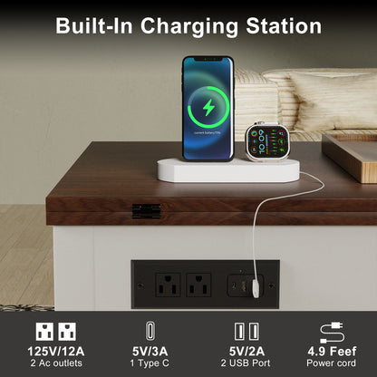 Save 50% - 4-in-1 Lift Top Coffee Table with LED Lights & Charging Station, White Center Table with Hidden Storage for Living Room & Office