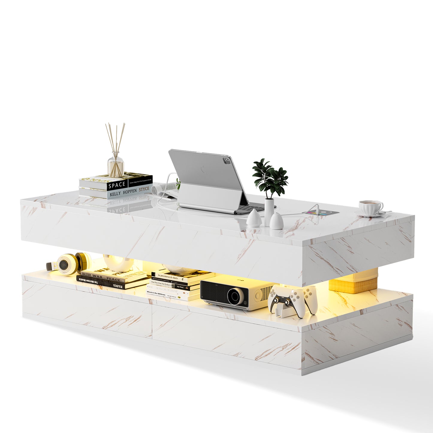 Save 50% - 47" Modern LED Coffee Table with Wireless Charging & Bluetooth Speaker – High-Gloss Double-Layer Design with 2 Drawers and Marble Effect Finish