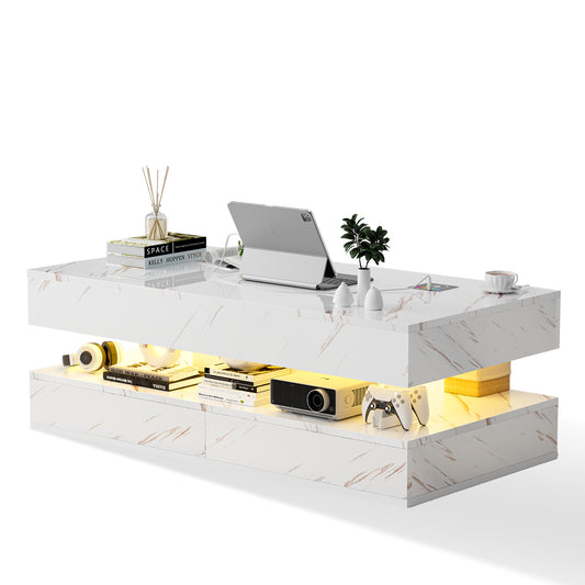 Save 50% - 47" Modern LED Coffee Table with Wireless Charging & Bluetooth Speaker – High-Gloss Double-Layer Design with 2 Drawers and Marble Effect Finish