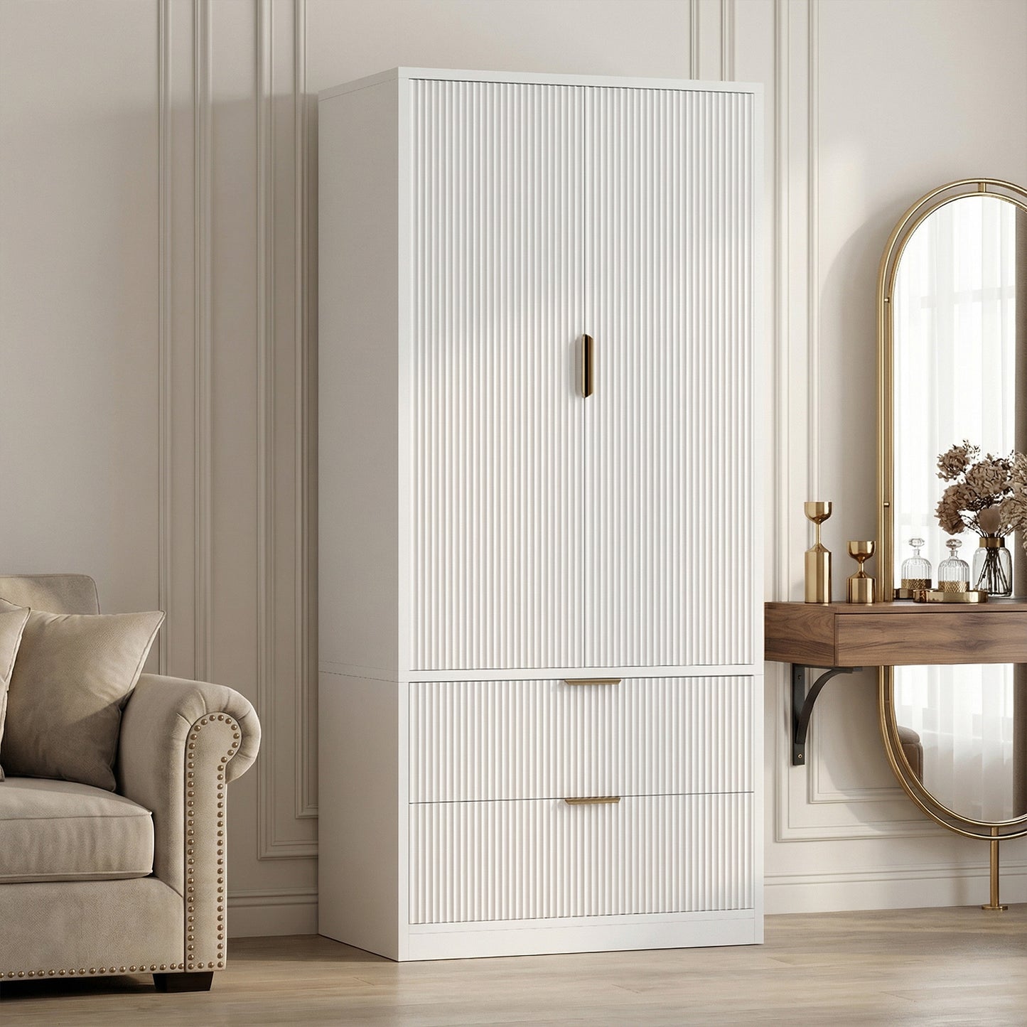 Save 50% - 70" Modern Wooden Wardrobe Closet with 2 Doors & 2 Drawers – Clothing Storage Armoire with Hanging Rod and Gold Handles for Bedroom