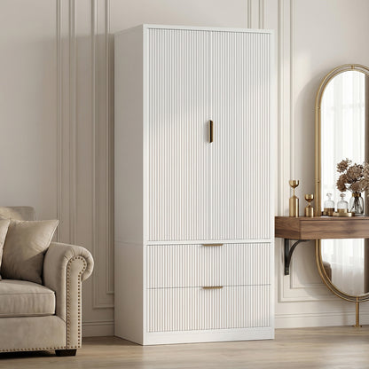 Save 50% - 70" Modern Wooden Wardrobe Closet with 2 Doors & 2 Drawers – Clothing Storage Armoire with Hanging Rod and Gold Handles for Bedroom