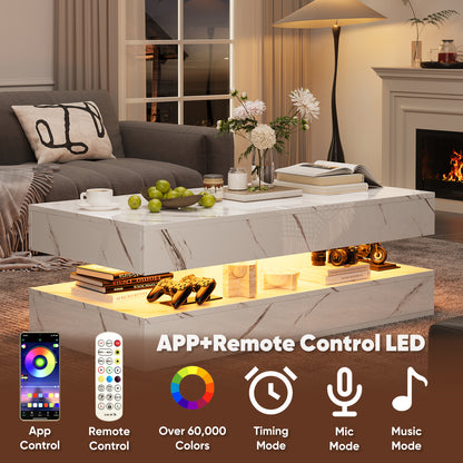 Save 50% - 47" Modern LED Coffee Table with Wireless Charging & Bluetooth Speaker – High-Gloss Double-Layer Design with 2 Drawers and Marble Effect Finish