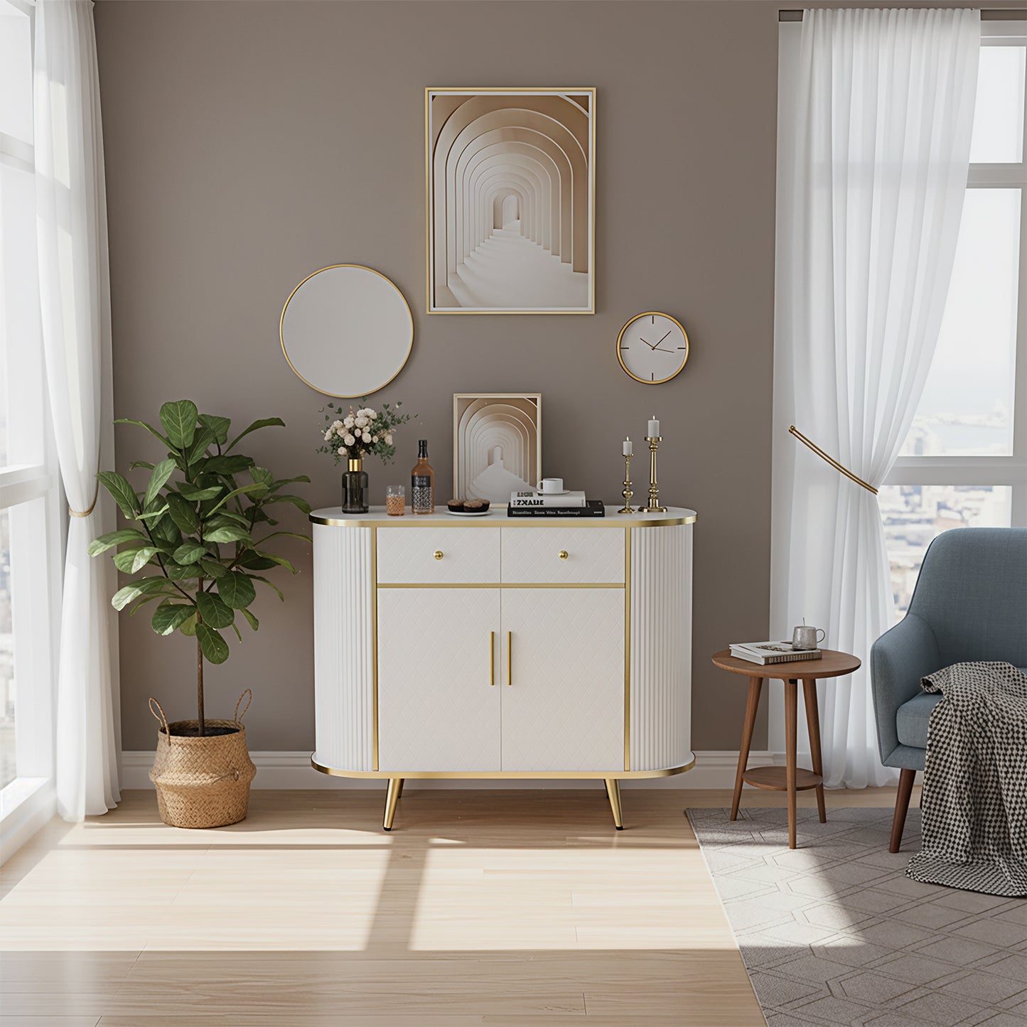 Save 50% - 43.3" Sideboard Buffet Cabinet with Drawers, Modern Coffee Bar Console Table with Storage, Gold Sealed Edge Accent for Living Room