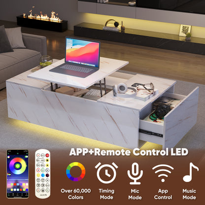 Save 50% - 47.2" LED Lift Top Coffee Table with Wireless Charging & Bluetooth Speaker – Smart Living Room Table with Drawers and Large Storage
