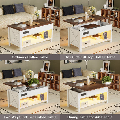 Save 50% - 4-in-1 Lift Top Coffee Table with LED Lights & Charging Station, White Center Table with Hidden Storage for Living Room & Office