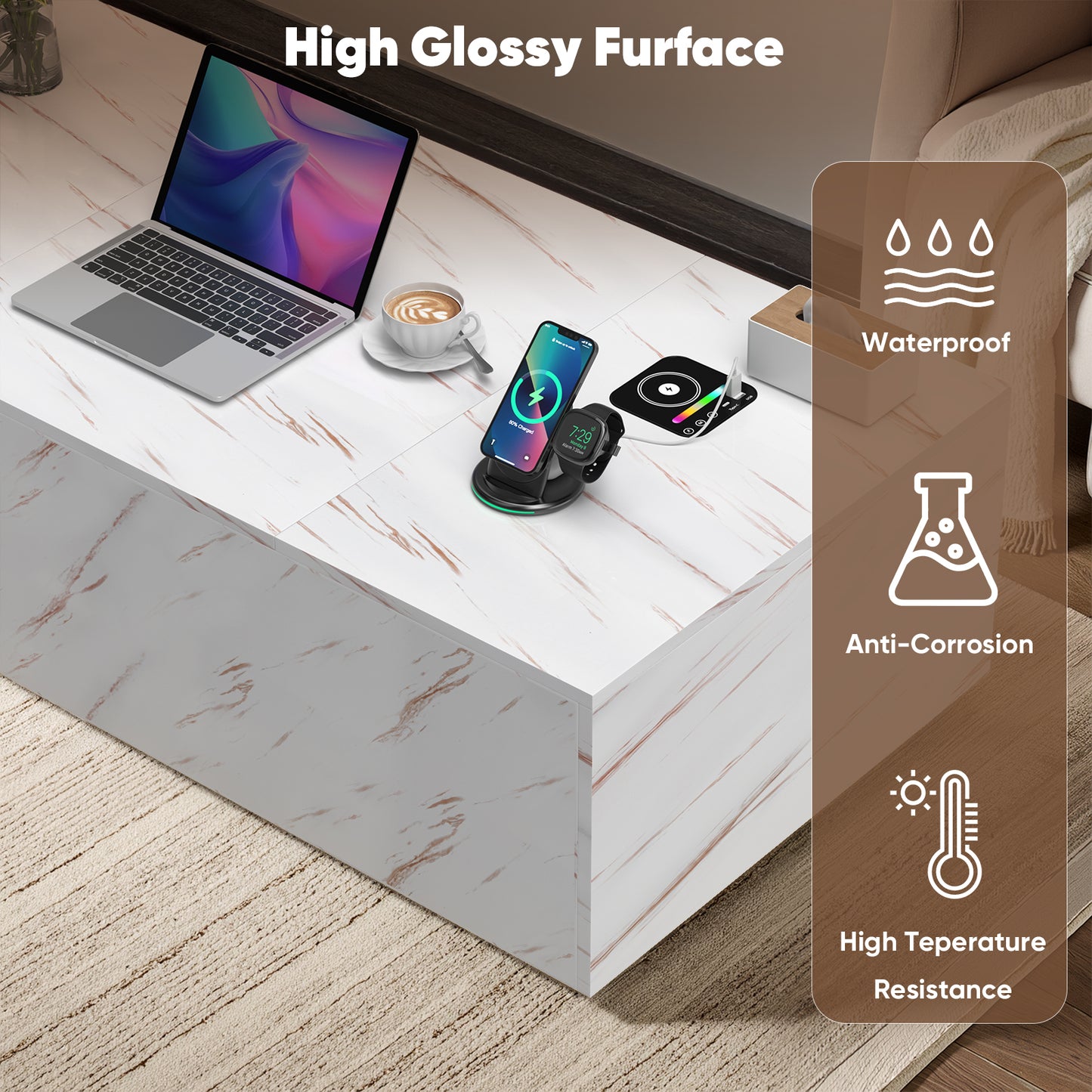 Save 50% - 47.2" LED Lift Top Coffee Table with Wireless Charging & Bluetooth Speaker – Smart Living Room Table with Drawers and Large Storage