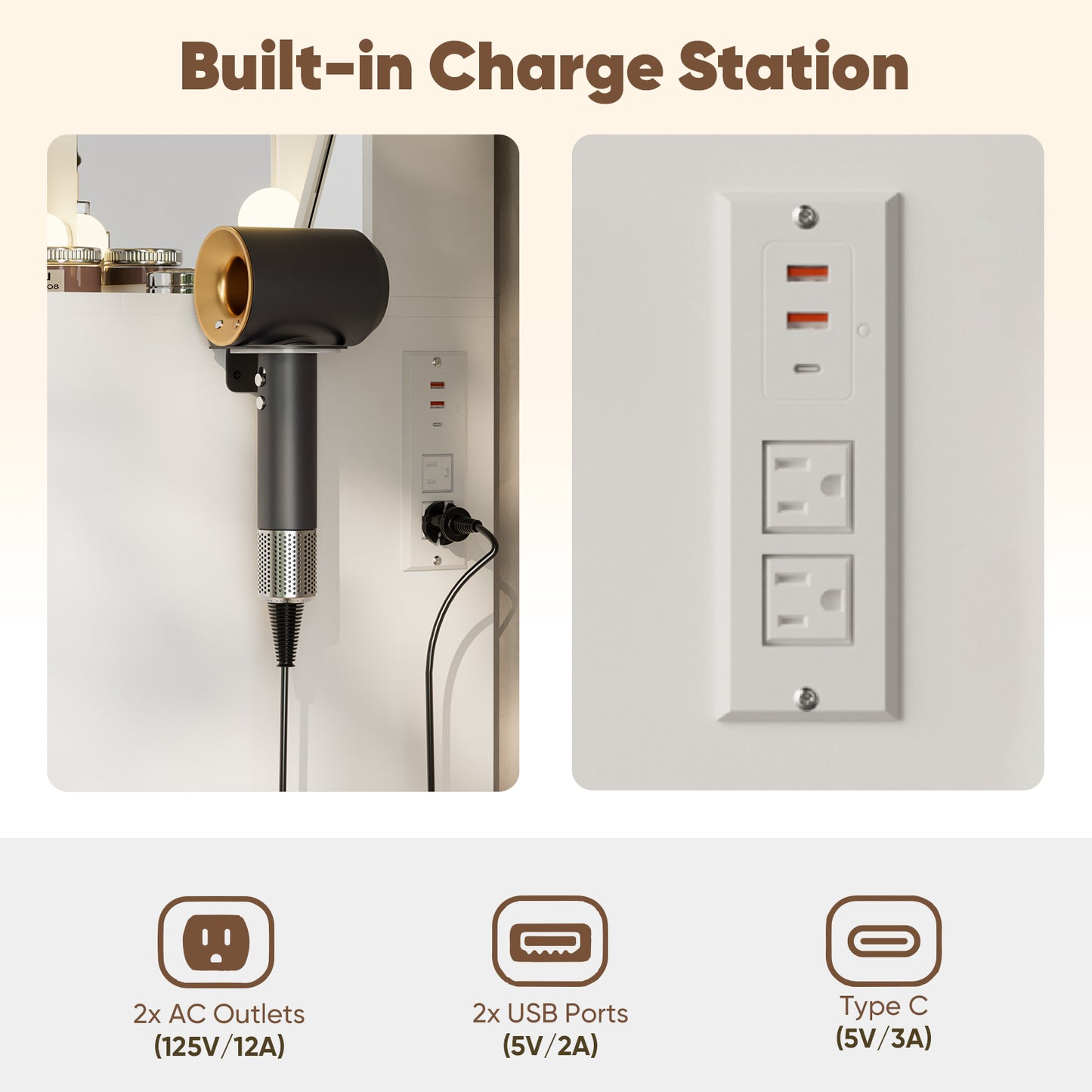 Save 50% - 37" Fluted Makeup Vanity Desk with LED Mirror, 5 Drawers & Glass Top, Vanity Table with Cabinet, Chair and Charging Station, 3 Light Modes for Bedroom