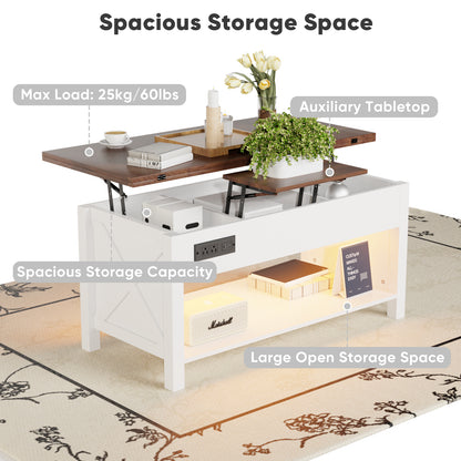 Save 50% - 4-in-1 Lift Top Coffee Table with LED Lights & Charging Station, White Center Table with Hidden Storage for Living Room & Office