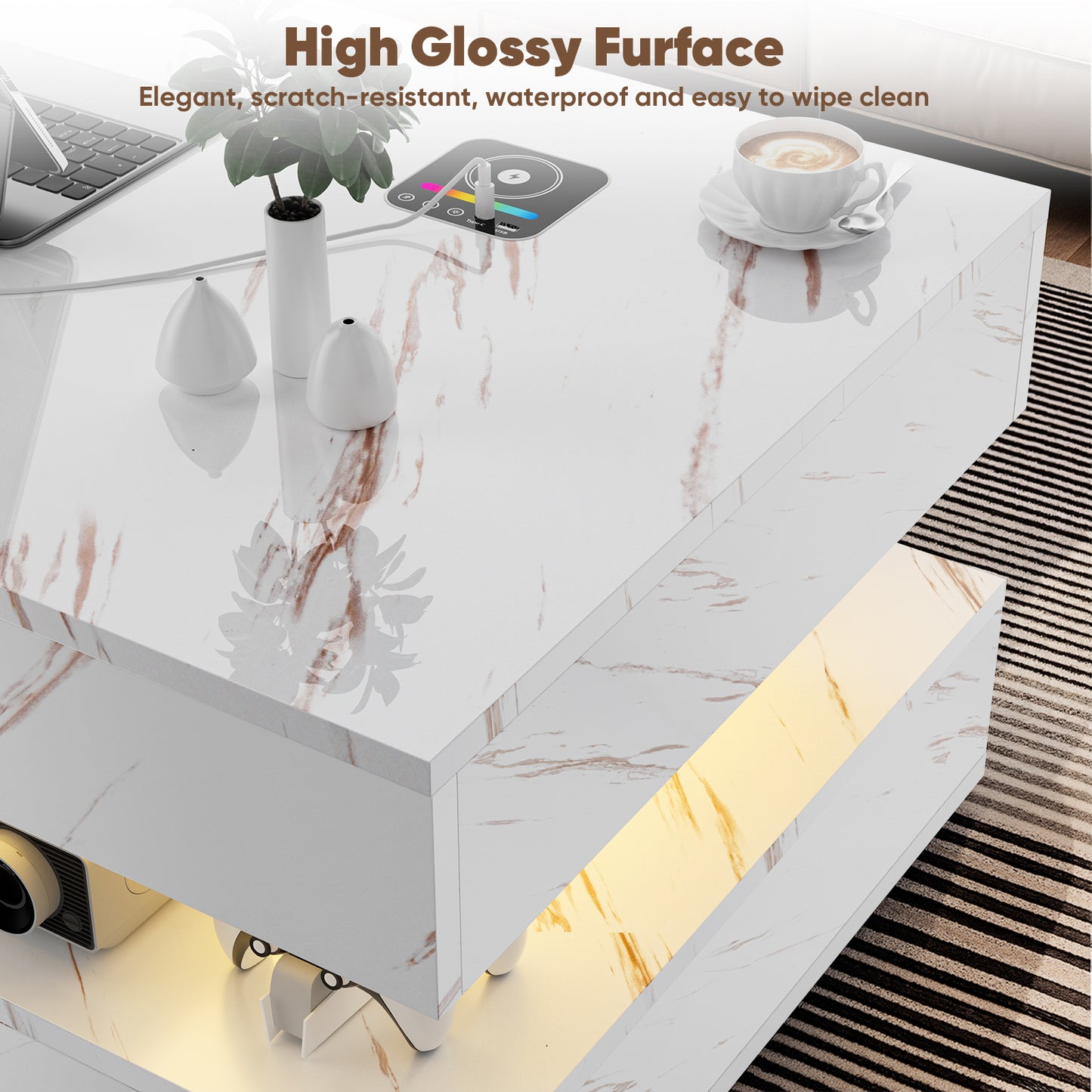 Save 50% - 47" Modern LED Coffee Table with Wireless Charging & Bluetooth Speaker – High-Gloss Double-Layer Design with 2 Drawers and Marble Effect Finish