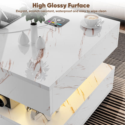Save 50% - 47" Modern LED Coffee Table with Wireless Charging & Bluetooth Speaker – High-Gloss Double-Layer Design with 2 Drawers and Marble Effect Finish