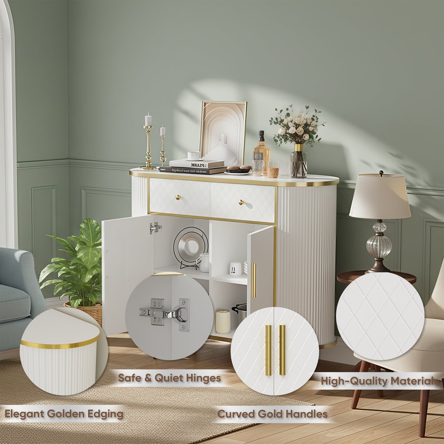 Save 50% - 43.3" Sideboard Buffet Cabinet with Drawers, Modern Coffee Bar Console Table with Storage, Gold Sealed Edge Accent for Living Room