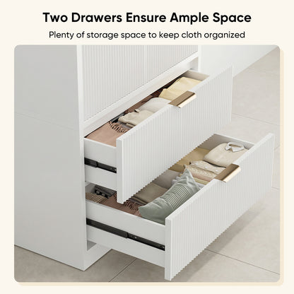 Save 50% - 70" Modern Wooden Wardrobe Closet with 2 Doors & 2 Drawers – Clothing Storage Armoire with Hanging Rod and Gold Handles for Bedroom