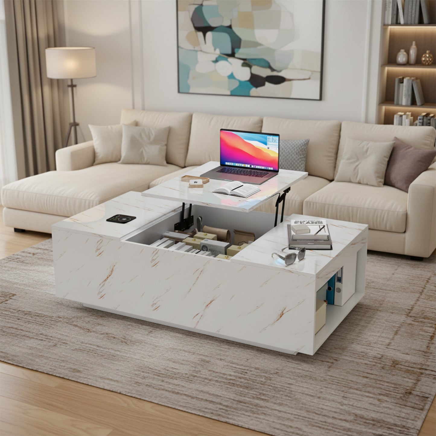 Save 50% - 47.2" LED Lift Top Coffee Table with Wireless Charging & Bluetooth Speaker – Smart Living Room Table with Drawers and Large Storage