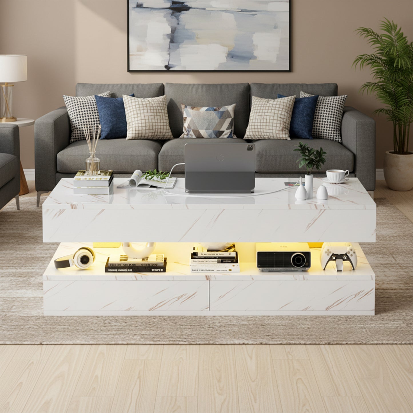 Save 50% - 47" Modern LED Coffee Table with Wireless Charging & Bluetooth Speaker – High-Gloss Double-Layer Design with 2 Drawers and Marble Effect Finish
