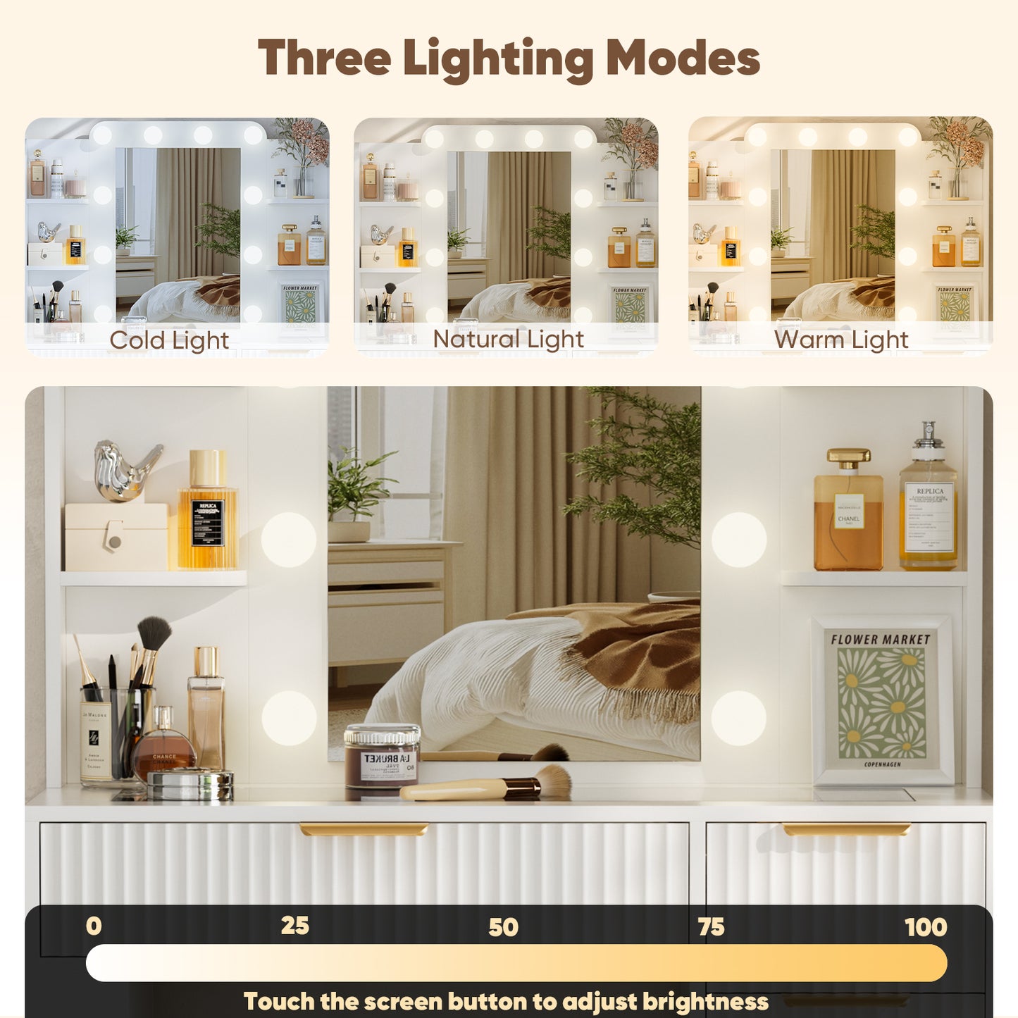 Save 50% - 37" Fluted Makeup Vanity Desk with LED Mirror, 5 Drawers & Glass Top, Vanity Table with Cabinet, Chair and Charging Station, 3 Light Modes for Bedroom