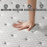 White 12-inch hybrid mattress by Belord with memory foam and pocket springs, medium firm support, pressure relief, and motion isolation.