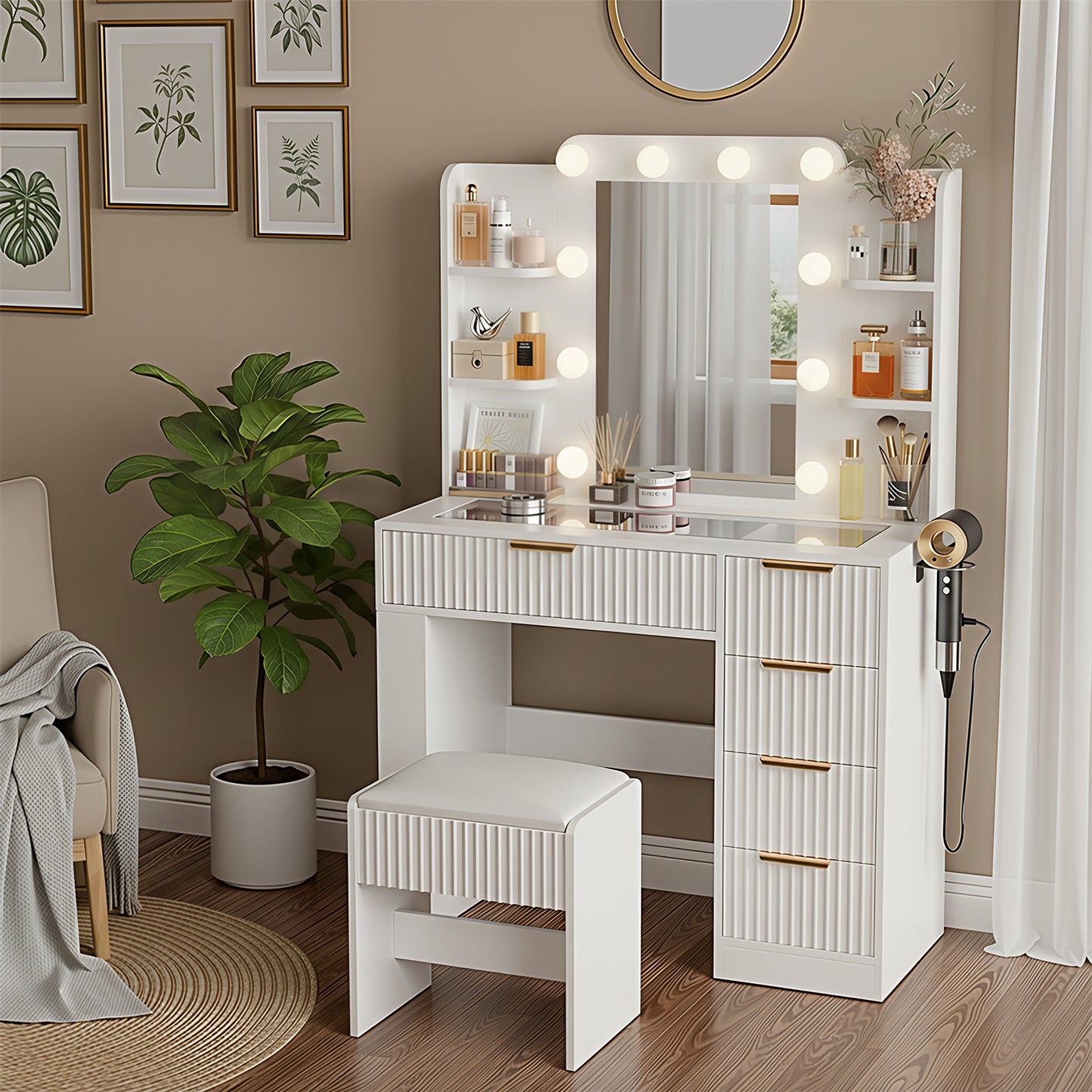 Save 50% - 37" Fluted Makeup Vanity Desk with LED Mirror, 5 Drawers & Glass Top, Vanity Table with Cabinet, Chair and Charging Station, 3 Light Modes for Bedroom