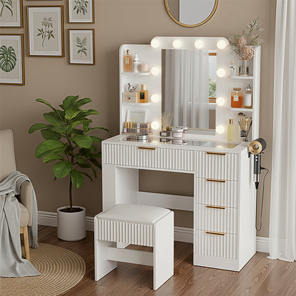 Save 50% - 37" Fluted Makeup Vanity Desk with LED Mirror, 5 Drawers & Glass Top, Vanity Table with Cabinet, Chair and Charging Station, 3 Light Modes for Bedroom