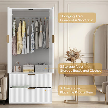 Save 50% - 70" Modern Wooden Wardrobe Closet with 2 Doors & 2 Drawers – Clothing Storage Armoire with Hanging Rod and Gold Handles for Bedroom