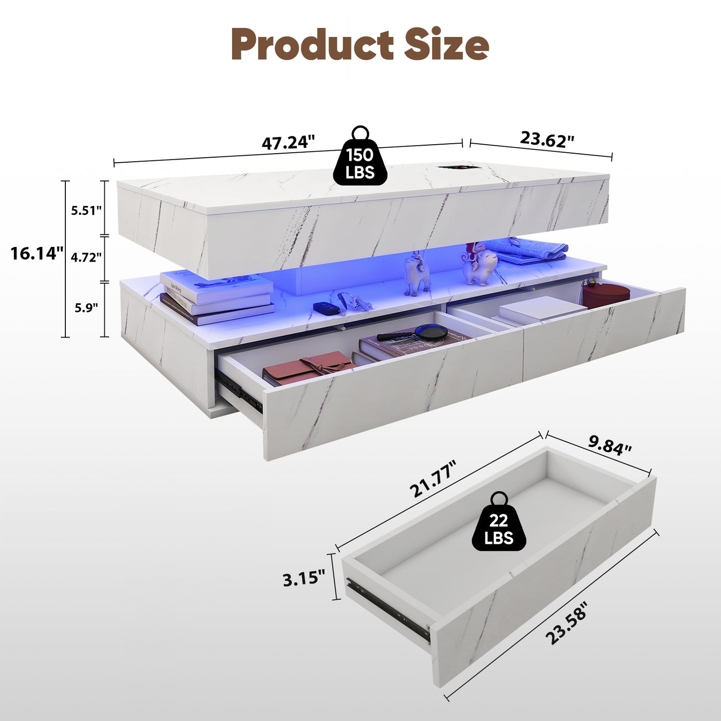 Save 50% - 47" Modern LED Coffee Table with Wireless Charging & Bluetooth Speaker – High-Gloss Double-Layer Design with 2 Drawers and Marble Effect Finish