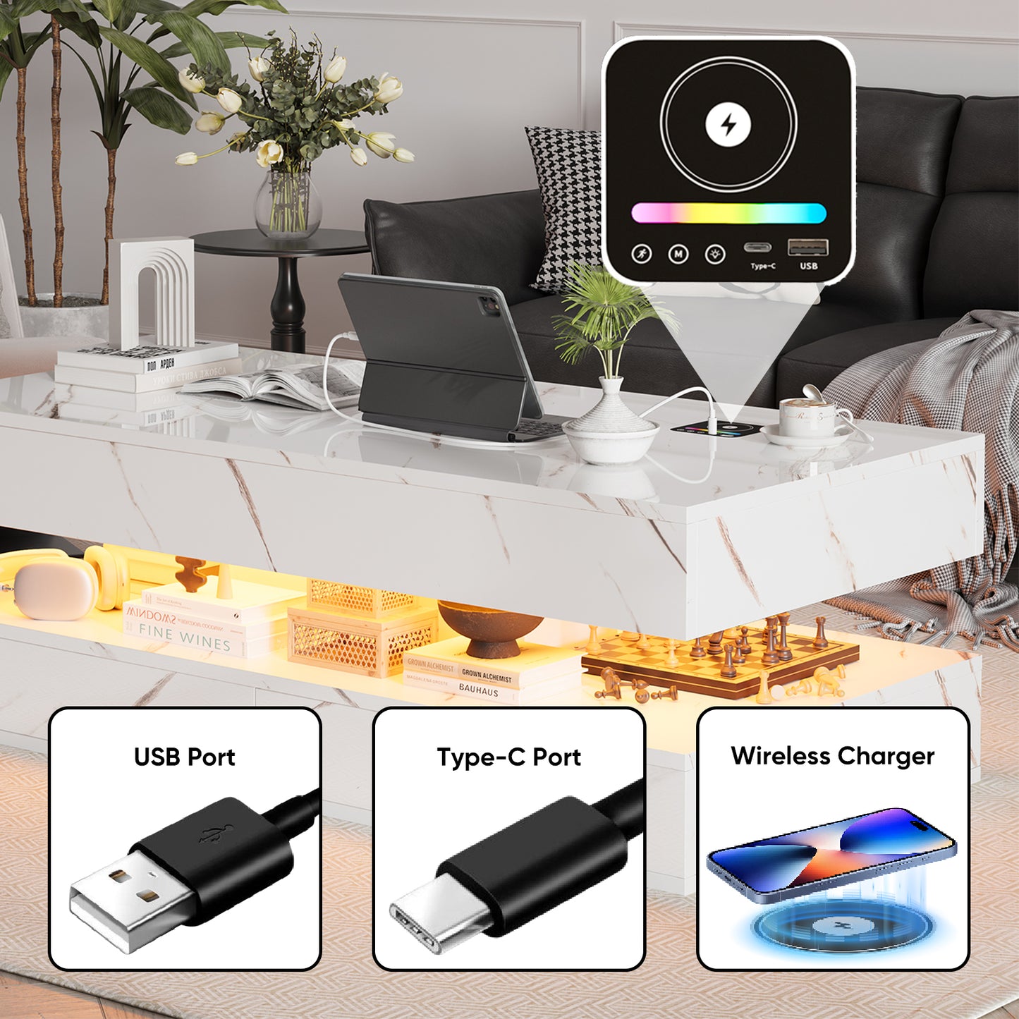 Save 50% - 47" Modern LED Coffee Table with Wireless Charging & Bluetooth Speaker – High-Gloss Double-Layer Design with 2 Drawers and Marble Effect Finish