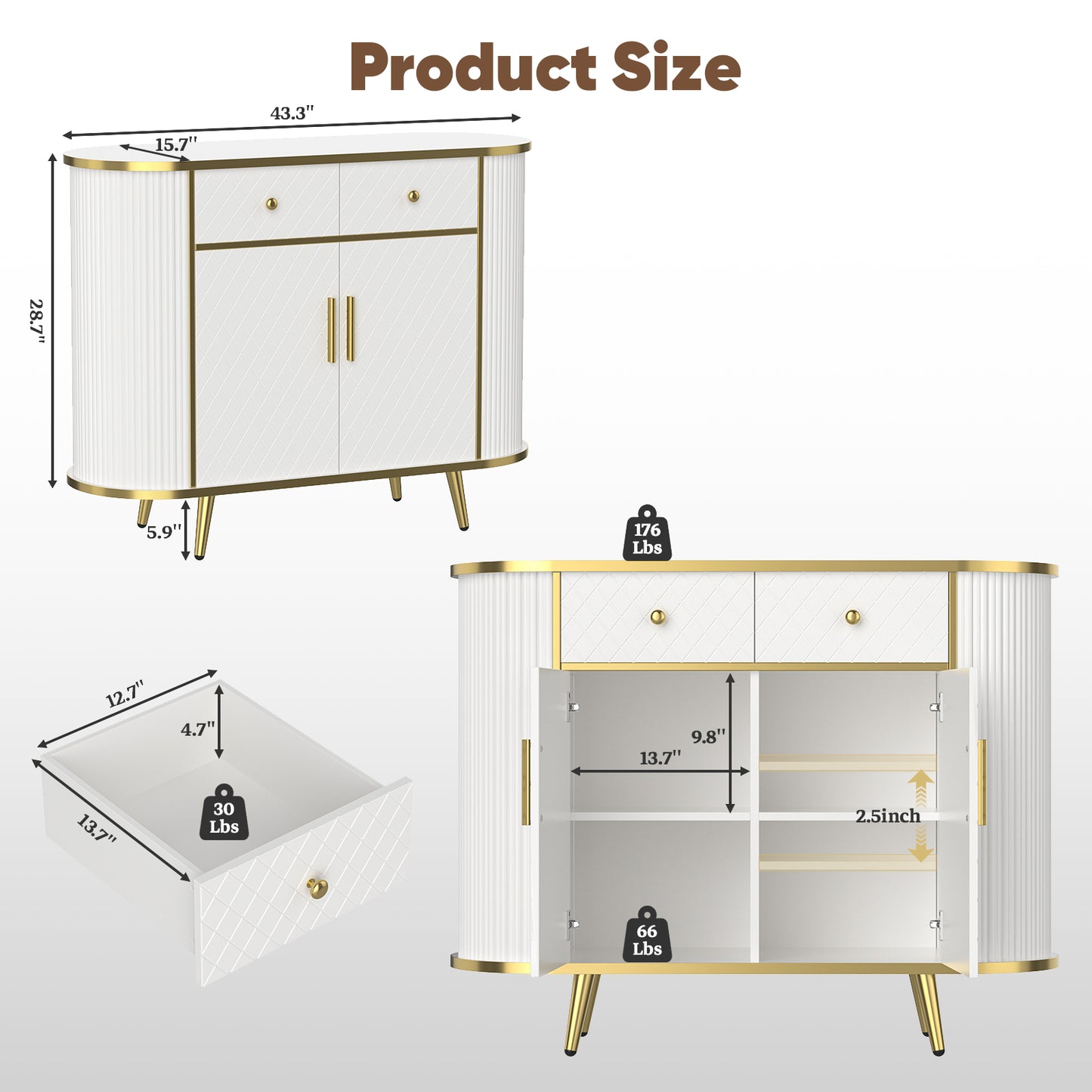 Save 50% - 43.3" Sideboard Buffet Cabinet with Drawers, Modern Coffee Bar Console Table with Storage, Gold Sealed Edge Accent for Living Room