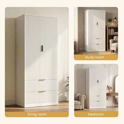 Save 50% - 70" Modern Wooden Wardrobe Closet with 2 Doors & 2 Drawers – Clothing Storage Armoire with Hanging Rod and Gold Handles for Bedroom