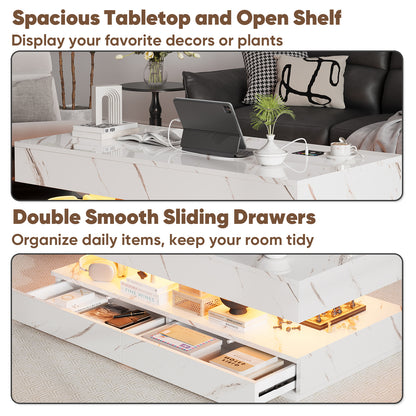 Save 50% - 47" Modern LED Coffee Table with Wireless Charging & Bluetooth Speaker – High-Gloss Double-Layer Design with 2 Drawers and Marble Effect Finish