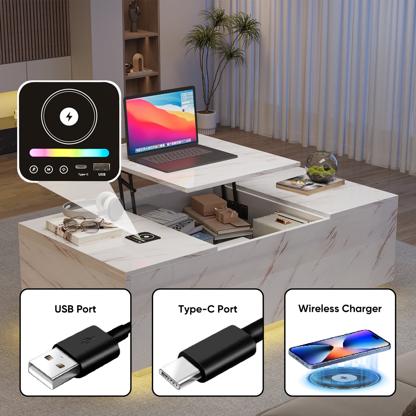 Save 50% - 47.2" LED Lift Top Coffee Table with Wireless Charging & Bluetooth Speaker – Smart Living Room Table with Drawers and Large Storage