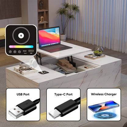 Save 50% - 47.2" LED Lift Top Coffee Table with Wireless Charging & Bluetooth Speaker – Smart Living Room Table with Drawers and Large Storage