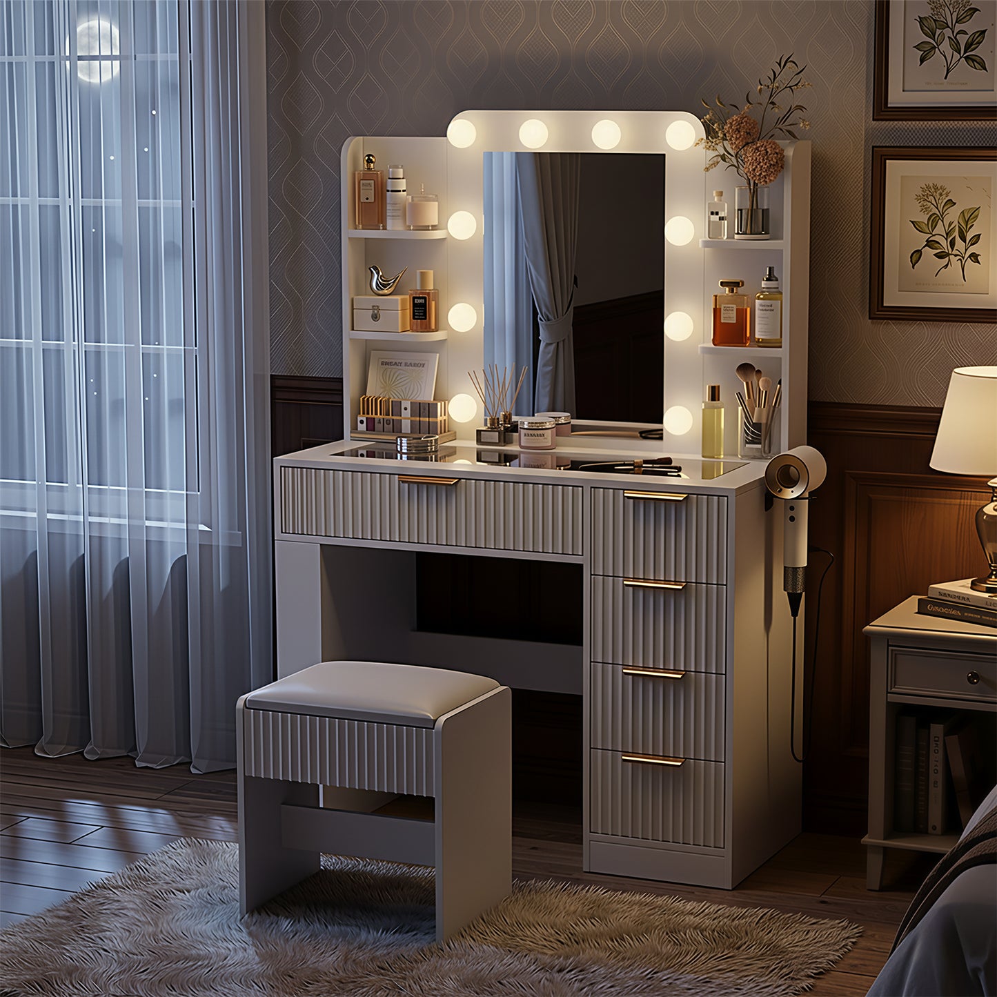 Save 50% - 37" Fluted Makeup Vanity Desk with LED Mirror, 5 Drawers & Glass Top, Vanity Table with Cabinet, Chair and Charging Station, 3 Light Modes for Bedroom