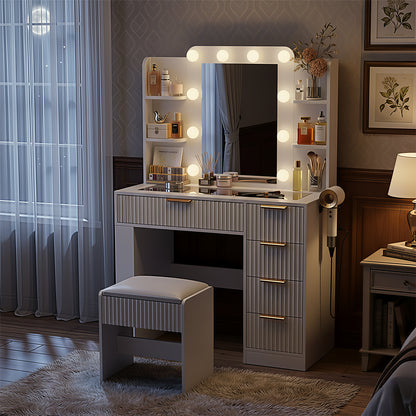 Save 50% - 37" Fluted Makeup Vanity Desk with LED Mirror, 5 Drawers & Glass Top, Vanity Table with Cabinet, Chair and Charging Station, 3 Light Modes for Bedroom