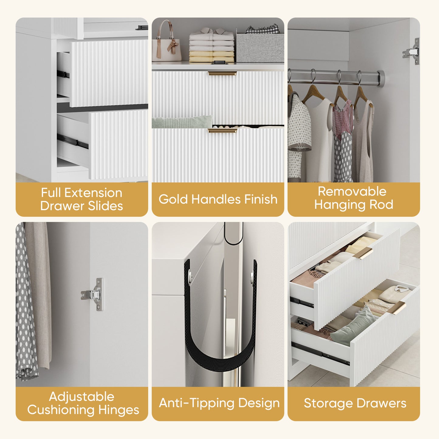 Save 50% - 70" Modern Wooden Wardrobe Closet with 2 Doors & 2 Drawers – Clothing Storage Armoire with Hanging Rod and Gold Handles for Bedroom