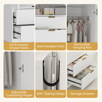 Save 50% - 70" Modern Wooden Wardrobe Closet with 2 Doors & 2 Drawers – Clothing Storage Armoire with Hanging Rod and Gold Handles for Bedroom