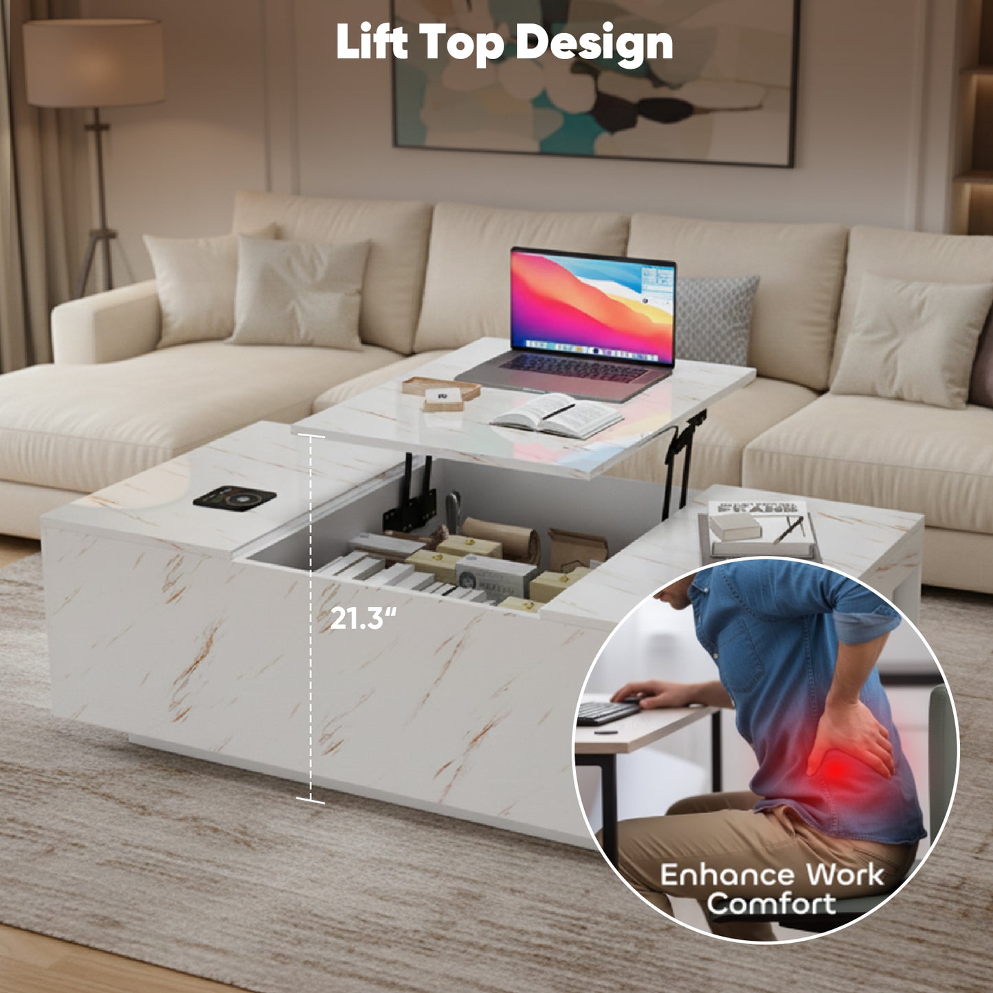 Save 50% - 47.2" LED Lift Top Coffee Table with Wireless Charging & Bluetooth Speaker – Smart Living Room Table with Drawers and Large Storage