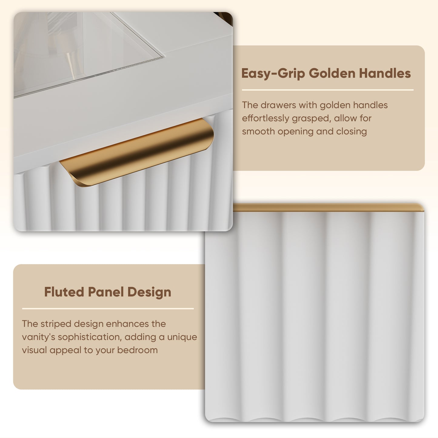 Save 50% - 37" Fluted Makeup Vanity Desk with LED Mirror, 5 Drawers & Glass Top, Vanity Table with Cabinet, Chair and Charging Station, 3 Light Modes for Bedroom