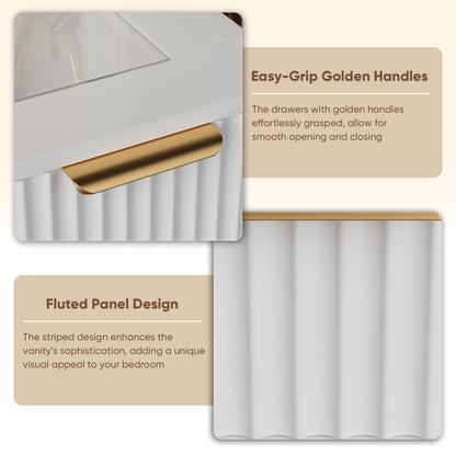 Save 50% - 37" Fluted Makeup Vanity Desk with LED Mirror, 5 Drawers & Glass Top, Vanity Table with Cabinet, Chair and Charging Station, 3 Light Modes for Bedroom