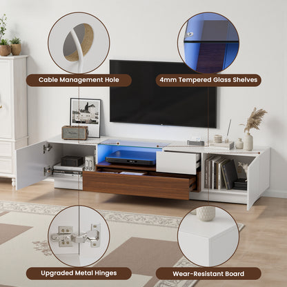 Save 50% - Modern TV Stand for 55-75 Inch TVs | Walnut & White Finish with Glass Shelves & Drawer