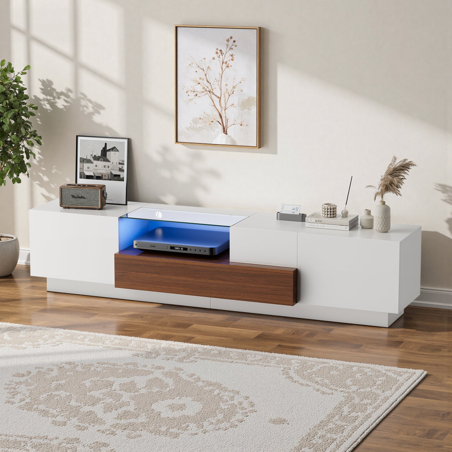 Save 50% - Modern TV Stand for 55-75 Inch TVs | Walnut & White Finish with Glass Shelves & Drawer