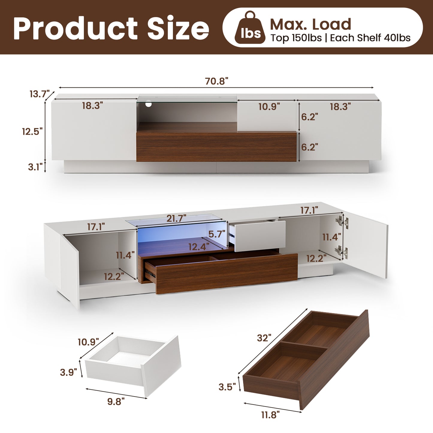 Save 50% - Modern TV Stand for 55-75 Inch TVs | Walnut & White Finish with Glass Shelves & Drawer