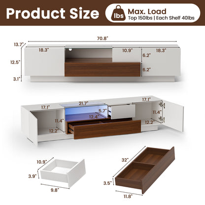 Save 50% - Modern TV Stand for 55-75 Inch TVs | Walnut & White Finish with Glass Shelves & Drawer