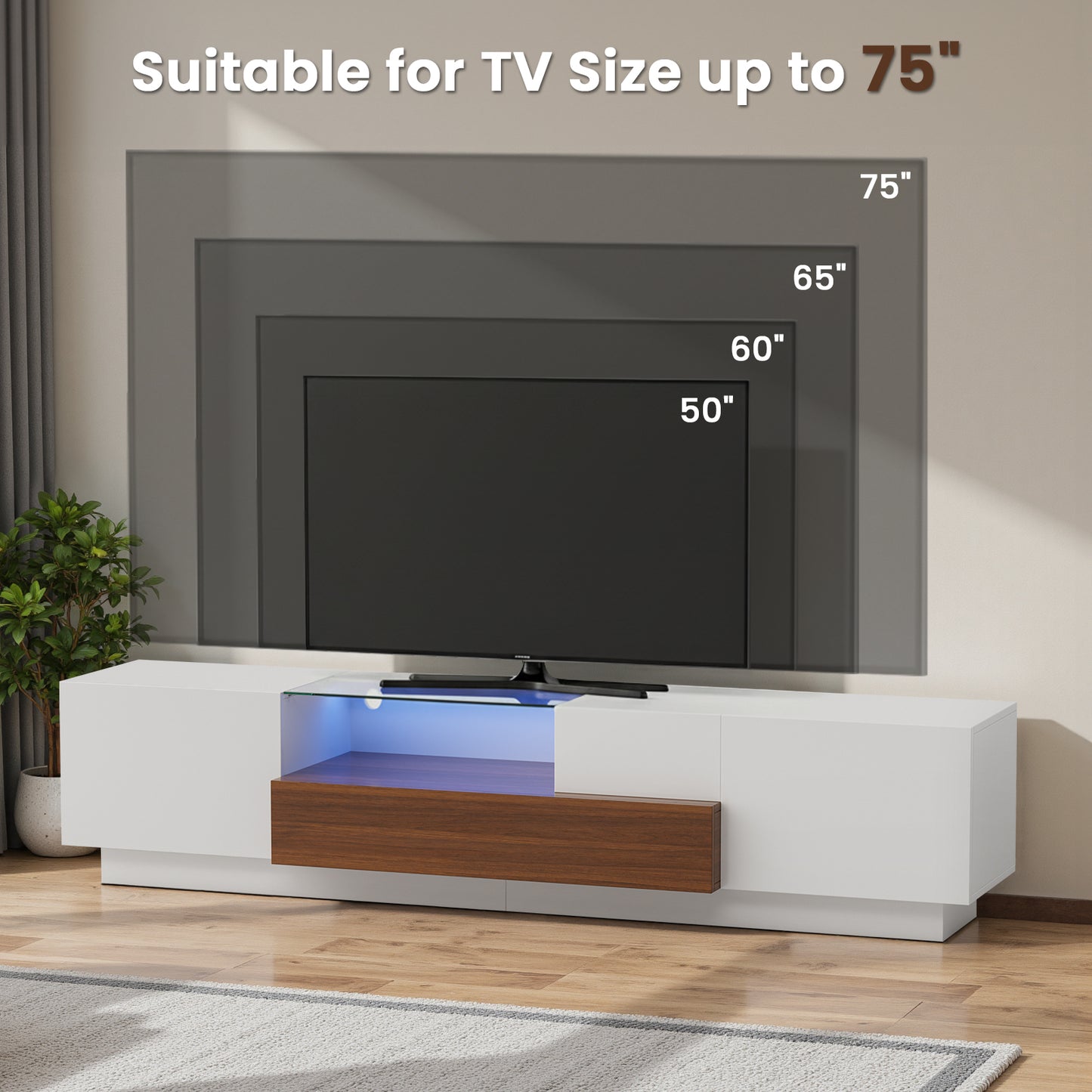 Save 50% - Modern TV Stand for 55-75 Inch TVs | Walnut & White Finish with Glass Shelves & Drawer