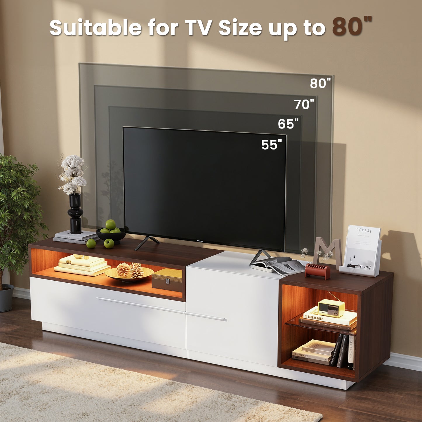 Save 50% - Modern Wooden LED TV Stand for TVs up to 80" with Storage Drawer and Open Shelves