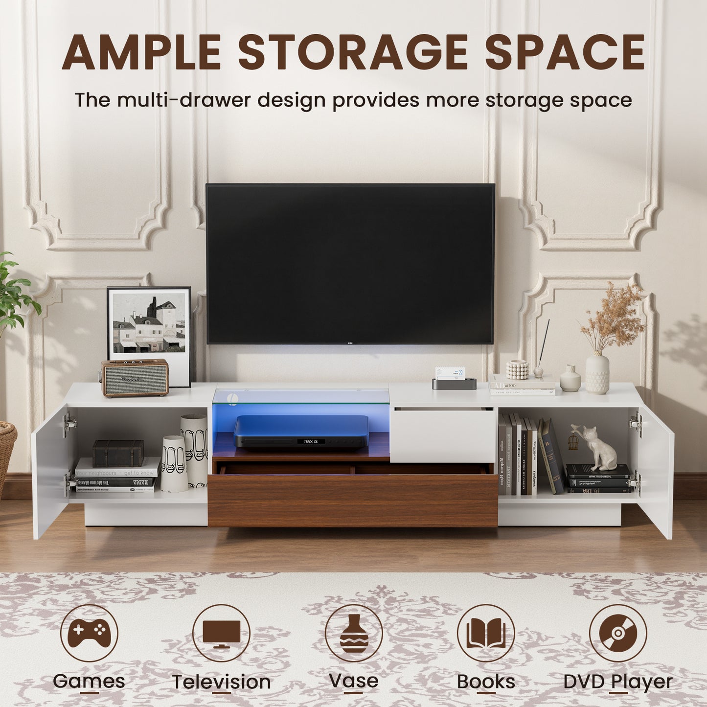 Save 50% - Modern TV Stand for 55-75 Inch TVs | Walnut & White Finish with Glass Shelves & Drawer