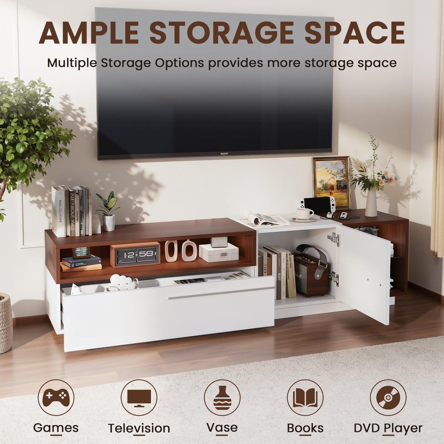 Save 50% - Modern Wooden LED TV Stand for TVs up to 80" with Storage Drawer and Open Shelves