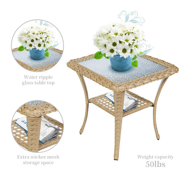 Belord wicker rocking chairs set with beige cushions and side table, featuring yellow wicker design from the NDS series.