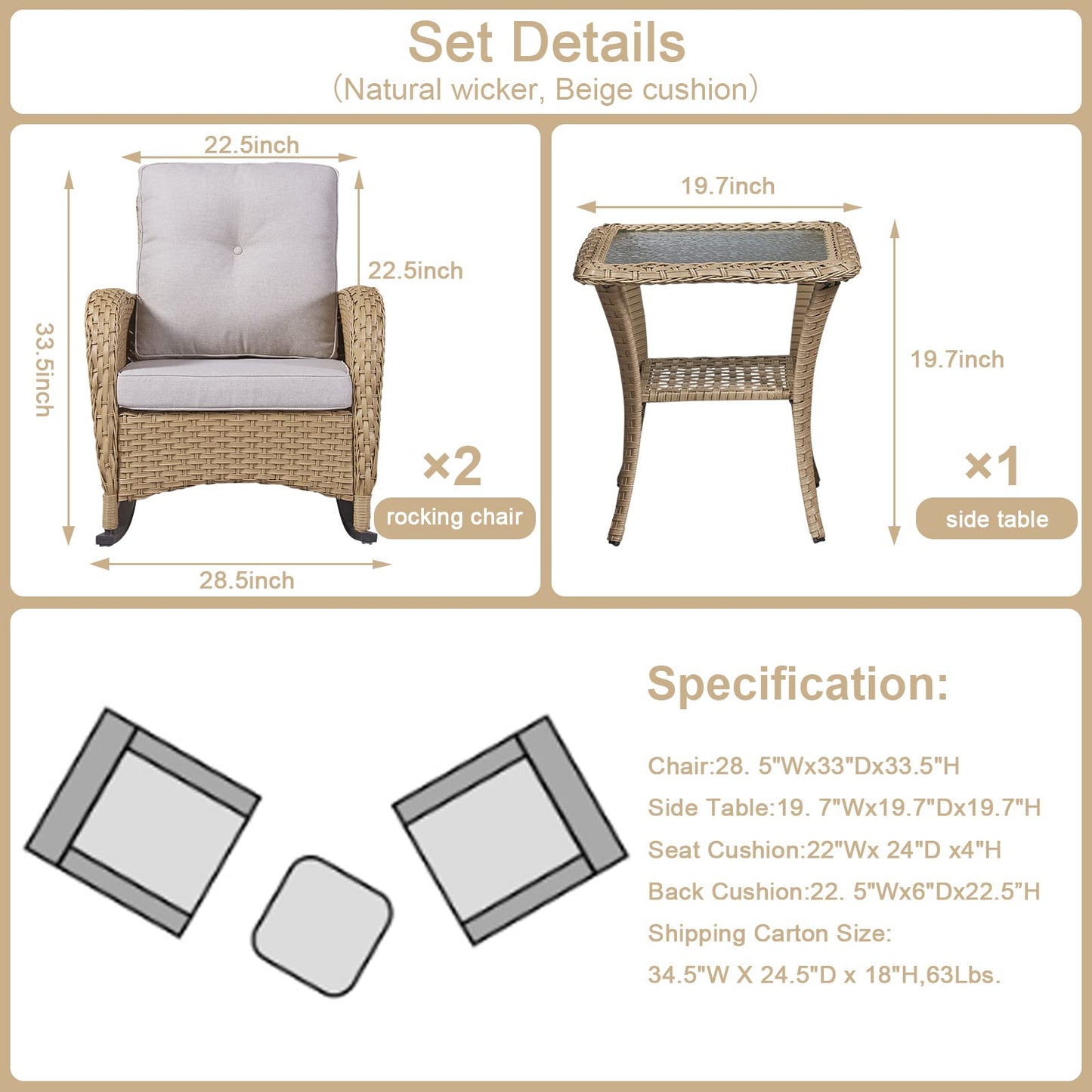 Save 60% - Wicker Rocking Chairs Set with Side Table, NDS Series